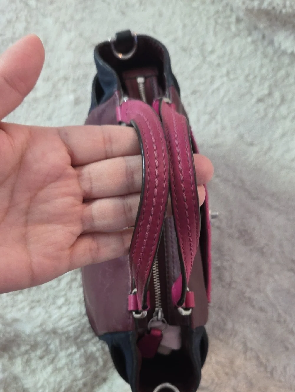 Coach Color Block Tote with Fuchsia Burgundy Quilted Front and Navy Accents - Picture 2 of 14